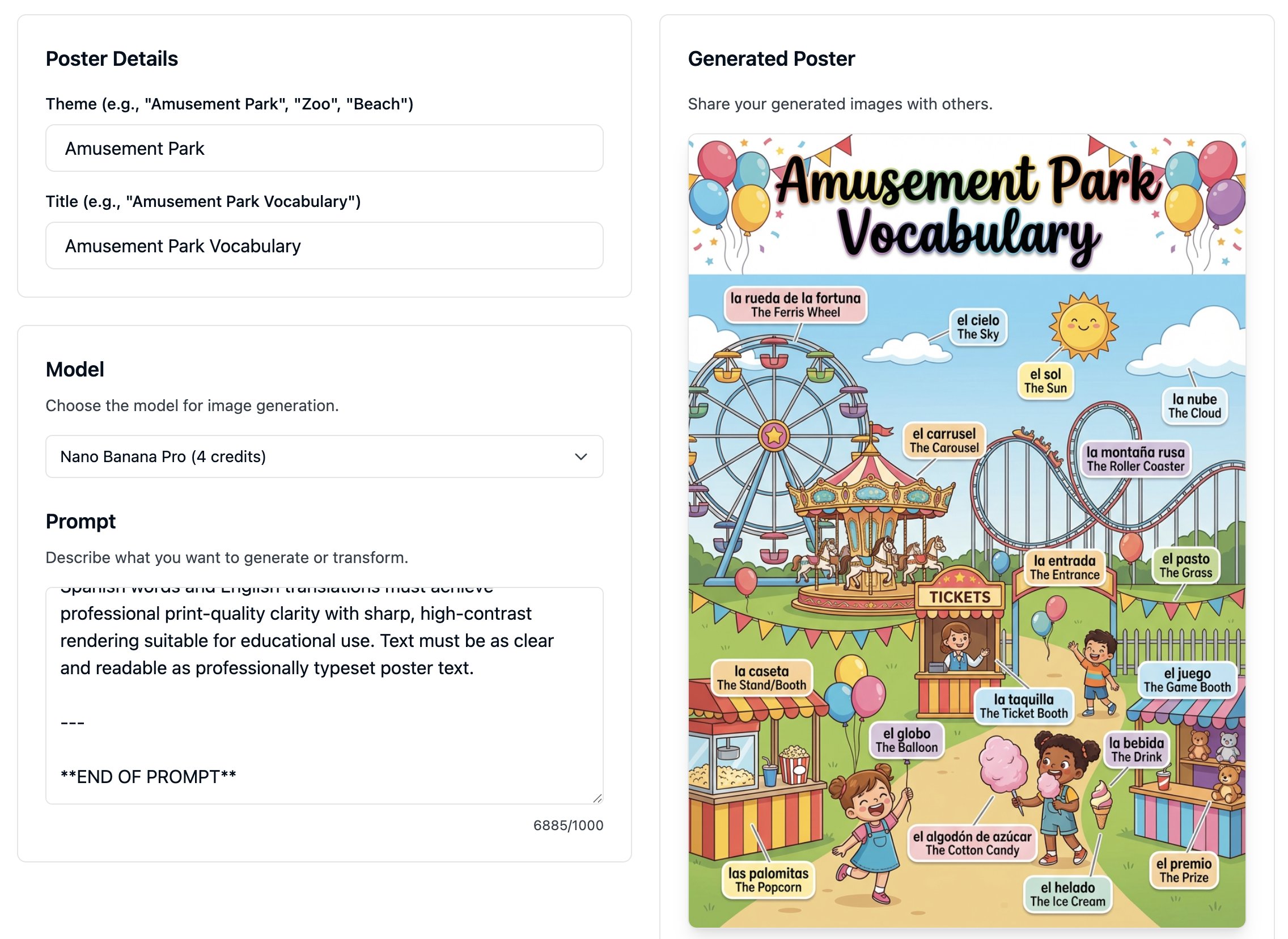 Spanish vocabulary poster example showing Spanish words with English translations